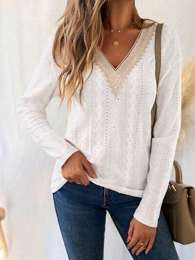 Eyelet V-Neck Dropped Shoulder T-Shirt Trendsi