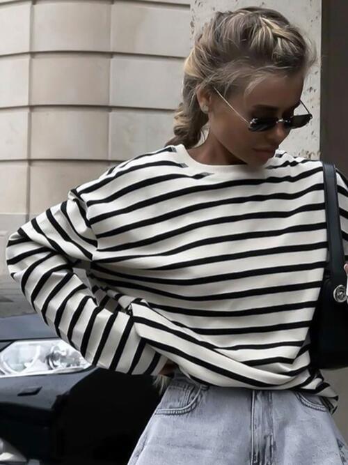 Striped Round Neck Long Sleeve T-Shirt BLUE ZONE PLANET
