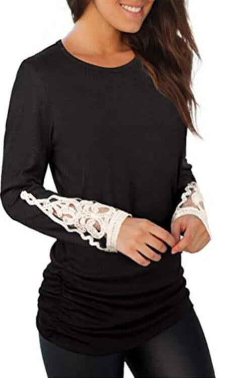 Lace Detail Long Sleeve Round Neck T-Shirt BLUE ZONE PLANET