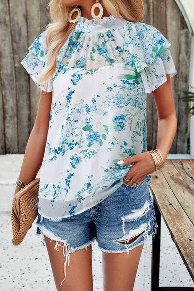 Printed Ruffled Mock Neck Blouse Trendsi