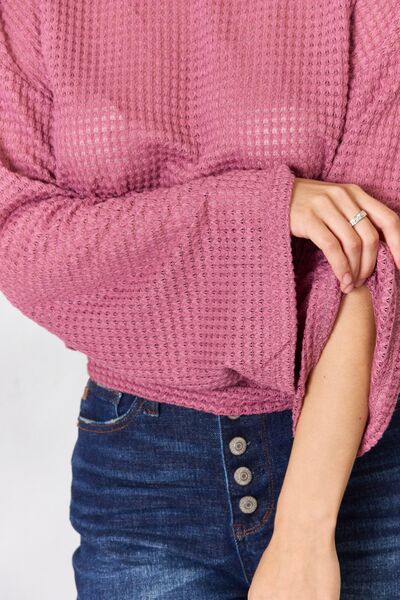 Culture Code Full Size Waffle-Knit Round Neck Long Sleeve Blouse BLUE ZONE PLANET