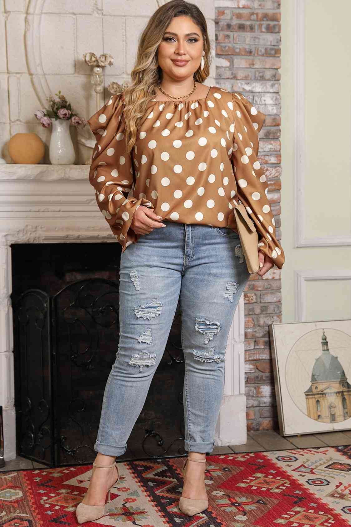 Plus Size Polka Dot Long Sleeve Blouse BLUE ZONE PLANET