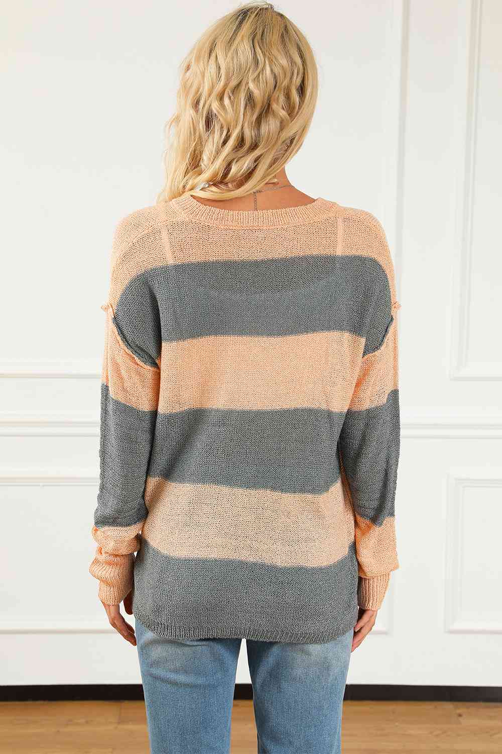 Striped Buttoned Dropped Shoulder Slit Sweater BLUE ZONE PLANET