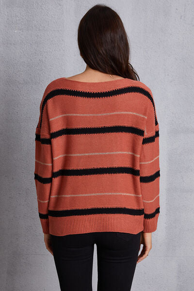 Striped Round Neck Dropped Shoulder Sweater-TOPS / DRESSES-[Adult]-[Female]-2022 Online Blue Zone Planet