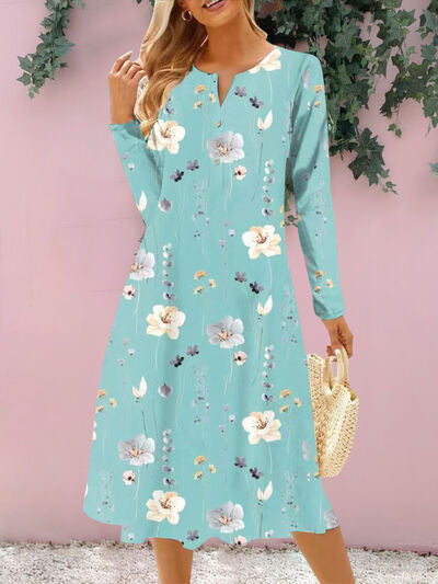 Floral Notched Long Sleeve Midi Dress BLUE ZONE PLANET