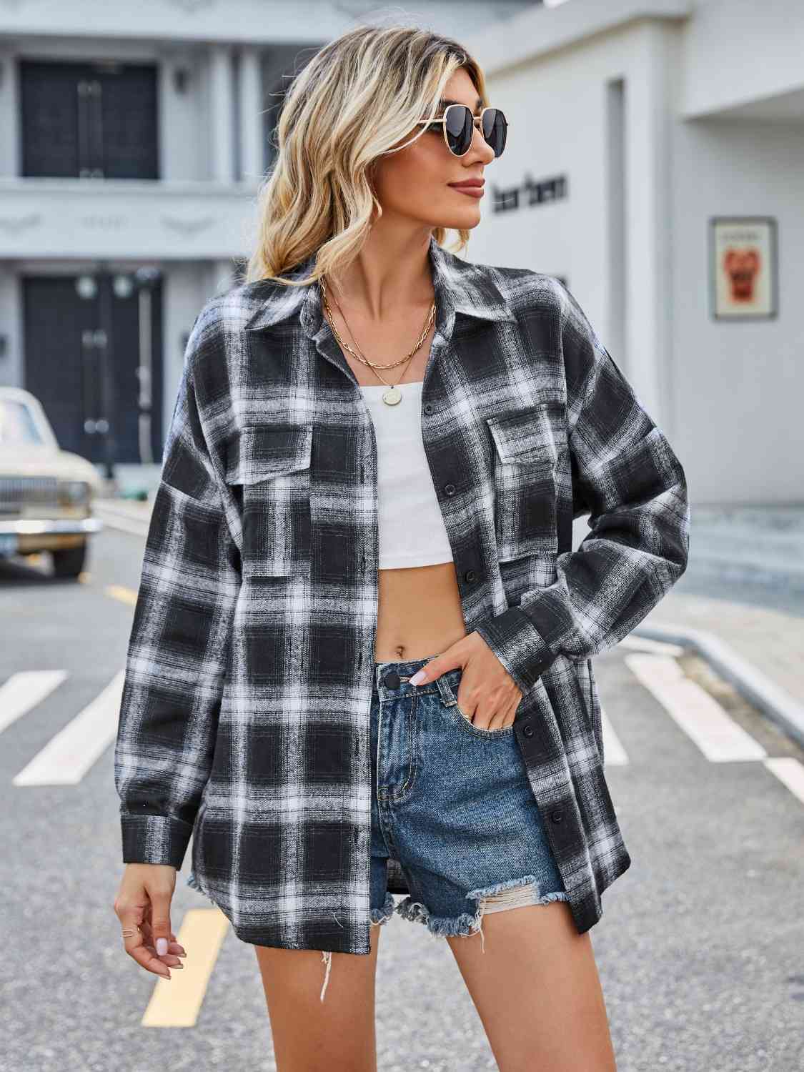 Plaid Collared Neck Button Down Jacket BLUE ZONE PLANET