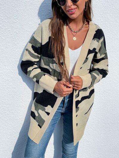 Blue Zone Planet |  Camouflaged Dropped Shoulder Open Front Cardigan BLUE ZONE PLANET