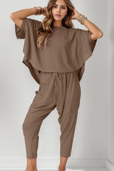 Round Neck Dropped Shoulder Top and Pants Set Trendsi