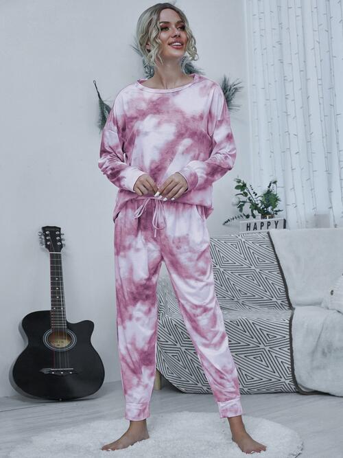 Tie-dye Round Neck Top and Drawstring Pants Lounge Set BLUE ZONE PLANET