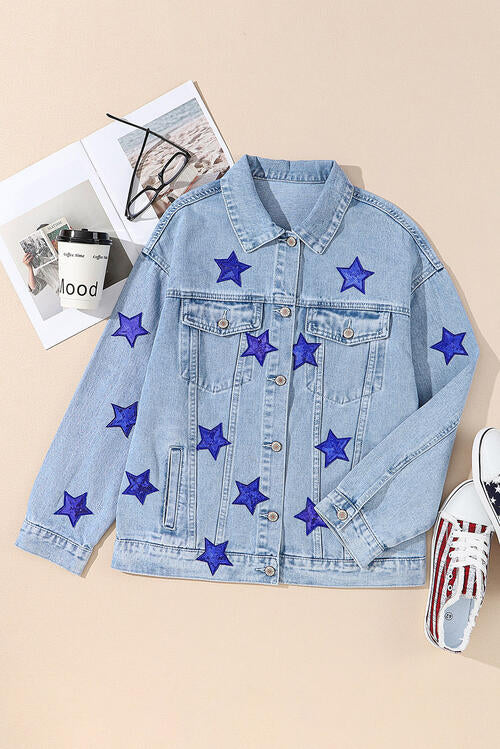 Pocketed Geometric Collared Neck Denim Jacket BLUE ZONE PLANET