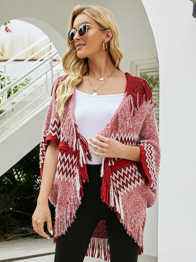 Blue Zone Planet |  Geometric Fringe Open Front Cardigan BLUE ZONE PLANET