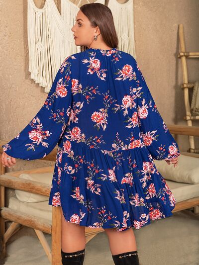 Plus Size Printed Tie Neck Balloon Sleeve Mini Dress Trendsi