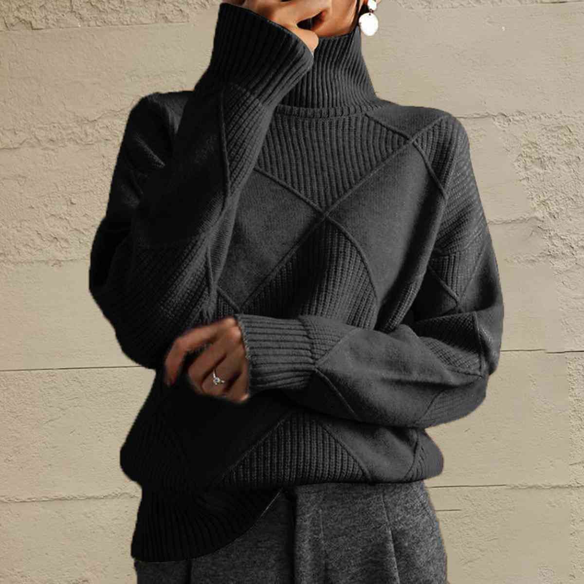 Geometric Turtleneck Long Sleeve Sweater BLUE ZONE PLANET