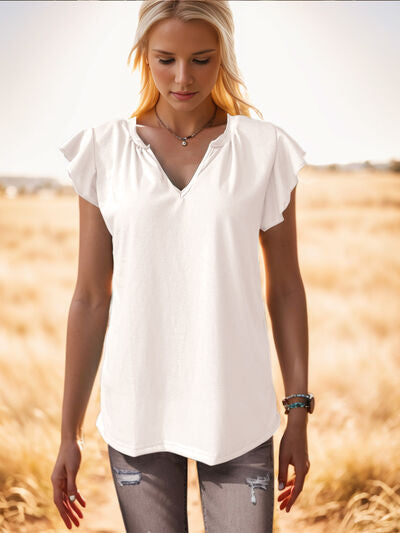 Ruffled Notched Cap Sleeve Tank Trendsi