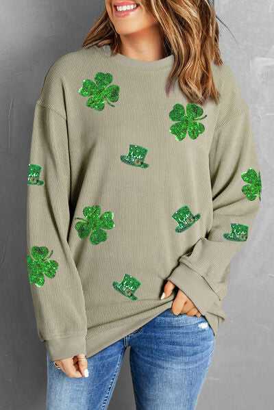 Lucky Clover Sequin Round Neck Sweatshirt Trendsi