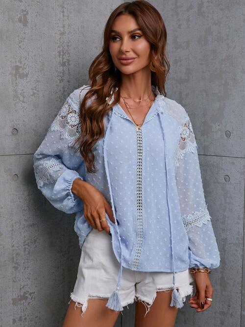 Crochet Tassel Tie Neck Long Sleeve Blouse BLUE ZONE PLANET