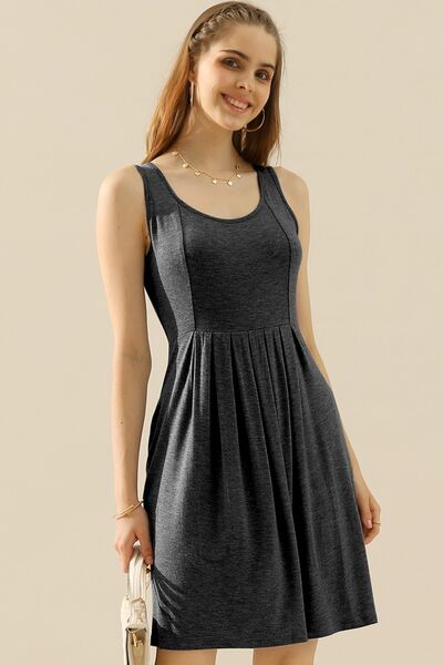 Doublju Full Size Round Neck Ruched Sleeveless Dress with Pockets BLUE ZONE PLANET