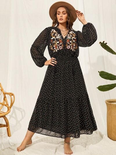 Plus Size Embroidered Tassel Balloon Sleeve Dress-TOPS / DRESSES-[Adult]-[Female]-Black-0XL-2022 Online Blue Zone Planet