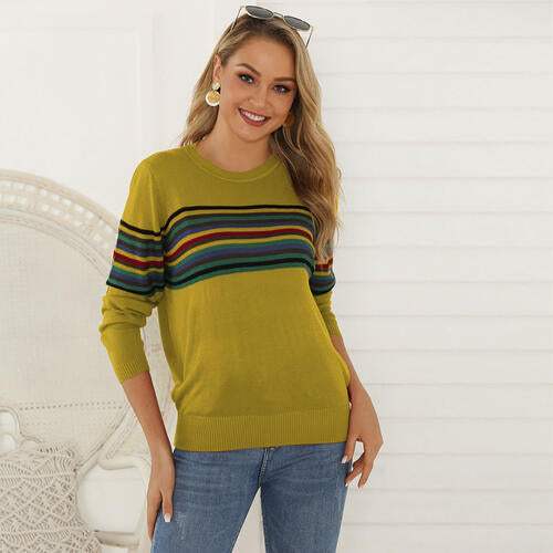 Striped Round Neck Long Sleeve Sweater BLUE ZONE PLANET