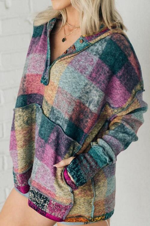 Multicolor Brushed Plaid Buttoned Pullover Oversized Hoodie-TOPS / DRESSES-[Adult]-[Female]-2022 Online Blue Zone Planet