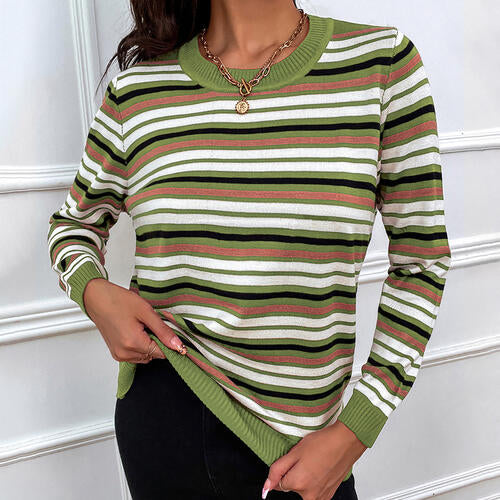 Striped Round Neck Long Sleeve Sweater BLUE ZONE PLANET