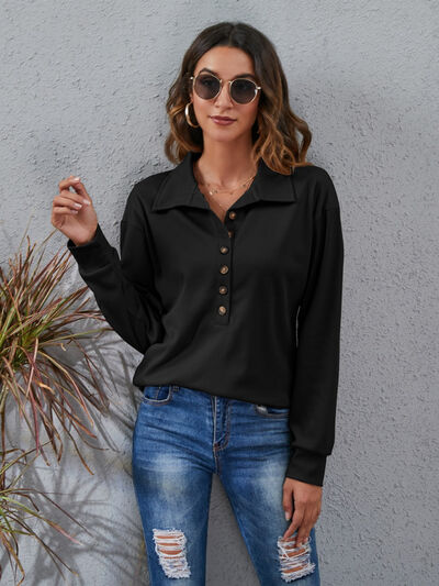 Half Button Dropped Shoulder Blouse Trendsi