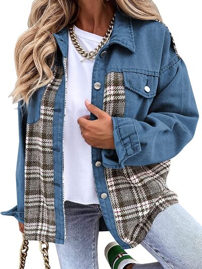 Plaid Button Up Dropped Shoulder Jacket BLUE ZONE PLANET