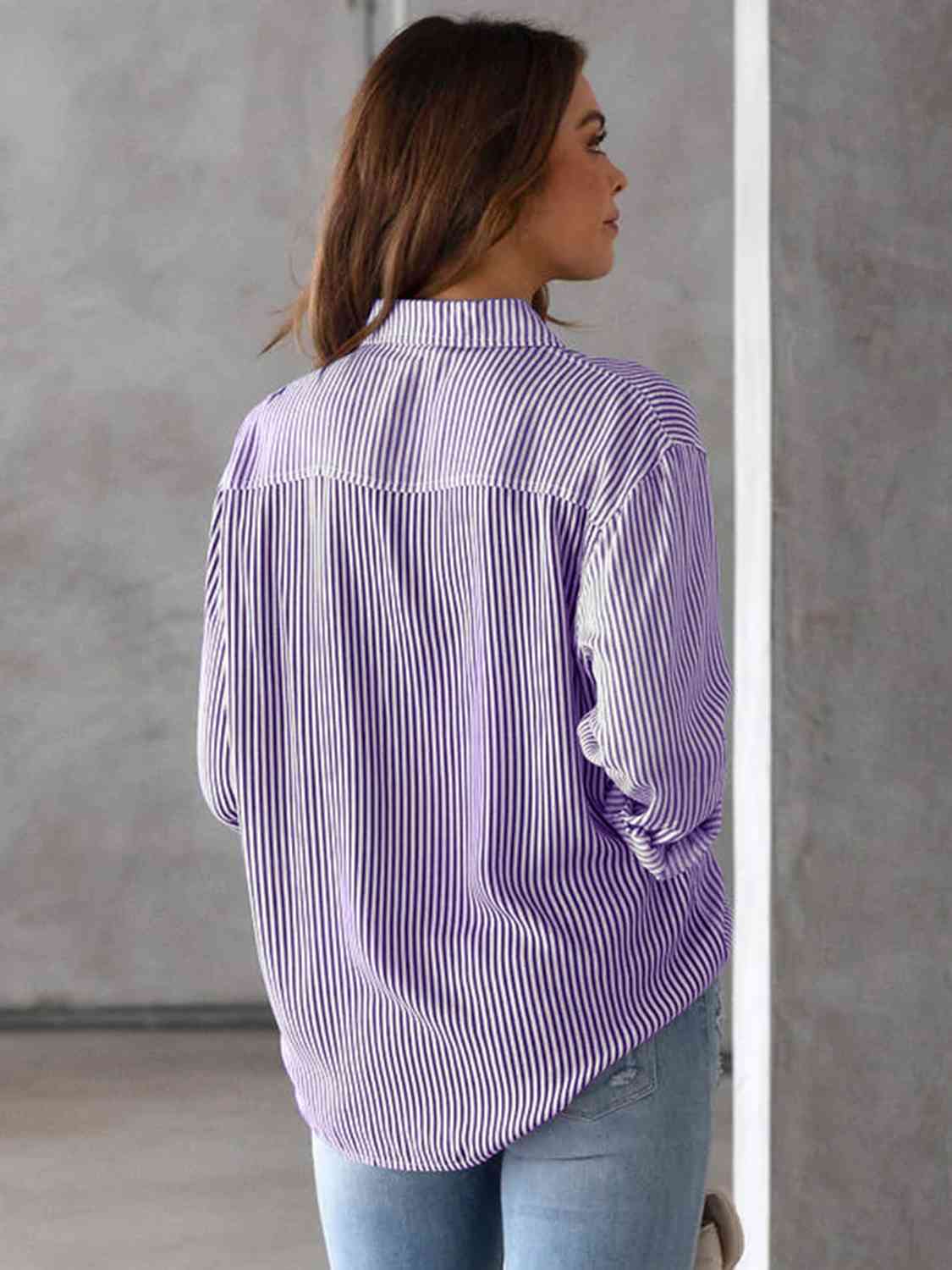 Striped Collared Neck Shirt with Pocket BLUE ZONE PLANET