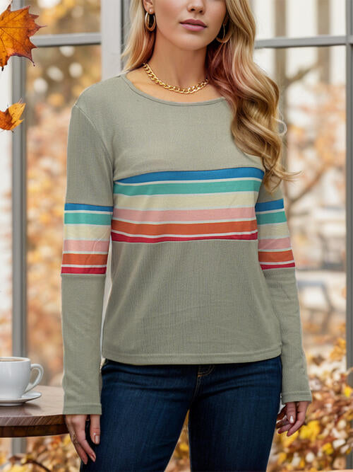 Striped Round Neck Long Sleeve T-Shirt BLUE ZONE PLANET