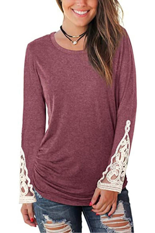 Lace Detail Long Sleeve Round Neck T-Shirt BLUE ZONE PLANET