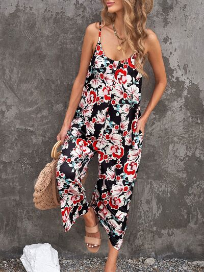 Printed Spaghetti Strap Jumpsuit with Pockets Trendsi