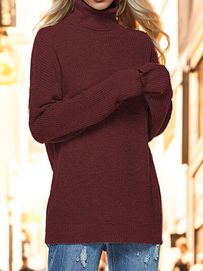 Turtleneck Drop Shoulder Long Sleeve Sweater BLUE ZONE PLANET