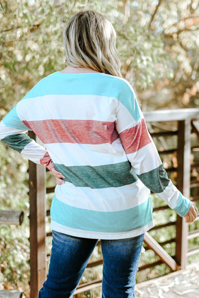 Plus Size Striped Slit Long Sleeve T-Shirt BLUE ZONE PLANET