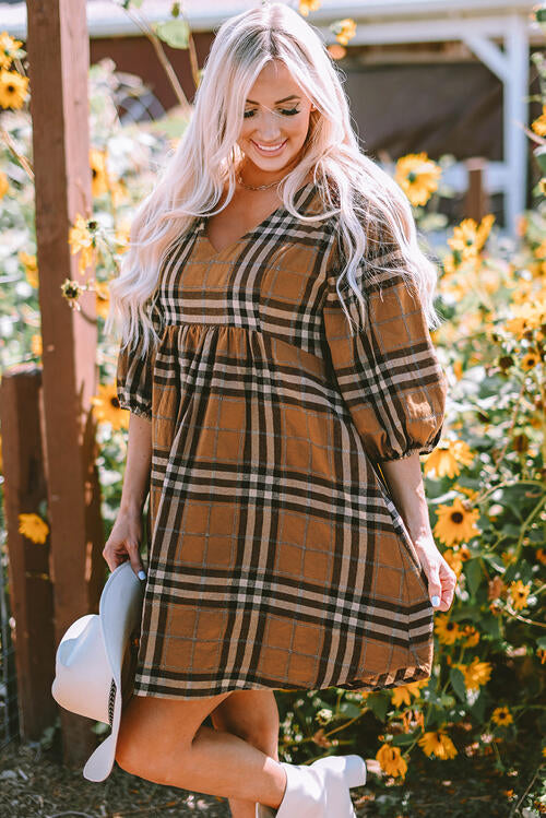 Plaid V-Neck Balloon Sleeve Dress BLUE ZONE PLANET