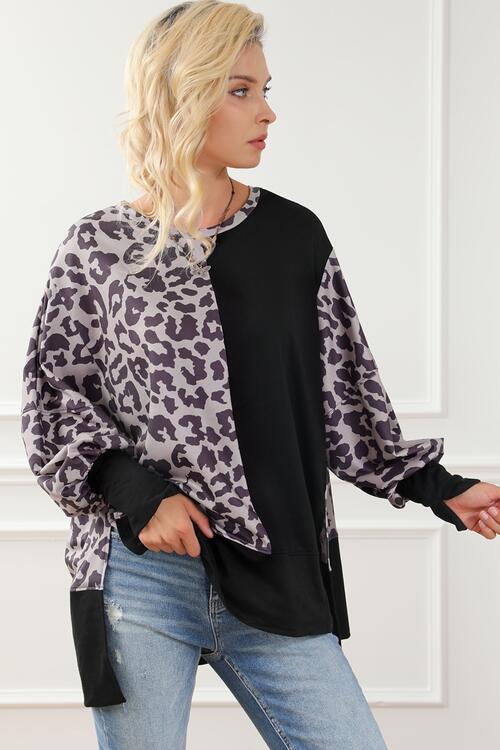 Leopard Round Neck Lantern Sleeve Slit Sweatshirt BLUE ZONE PLANET