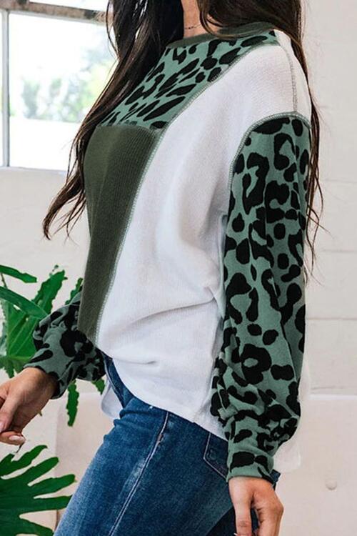 Leopard Color Block Exposed Seam Blouse BLUE ZONE PLANET