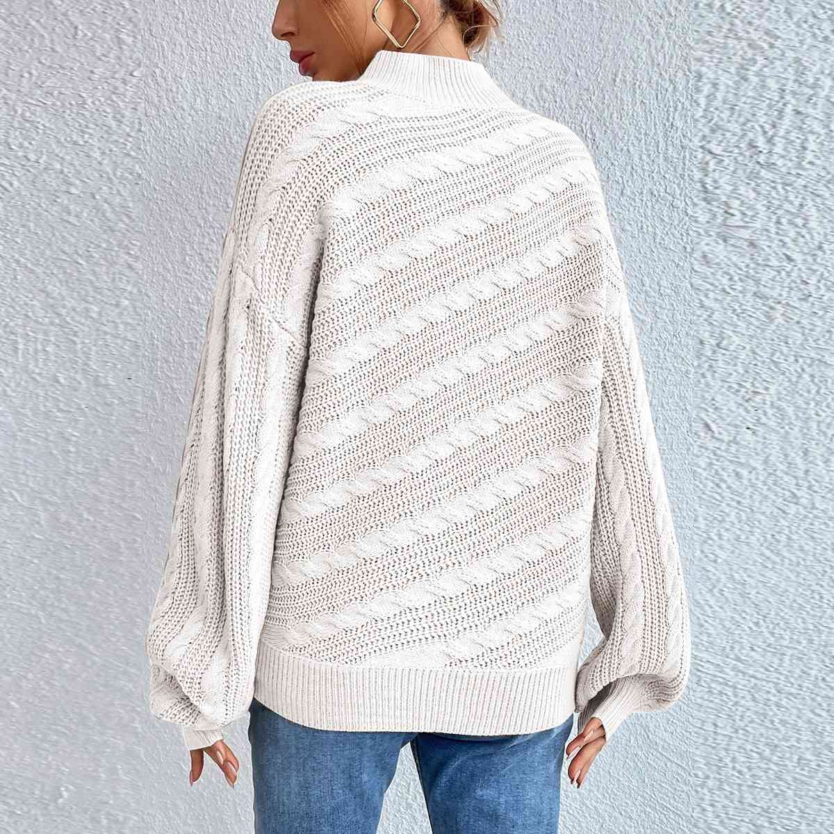 Cable-Knit Mock Neck  Long Sleeve Sweater BLUE ZONE PLANET