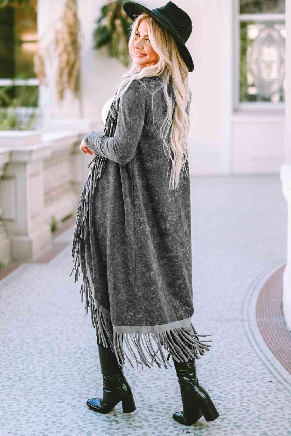 Fringe Detail Long Sleeve Cardigan BLUE ZONE PLANET