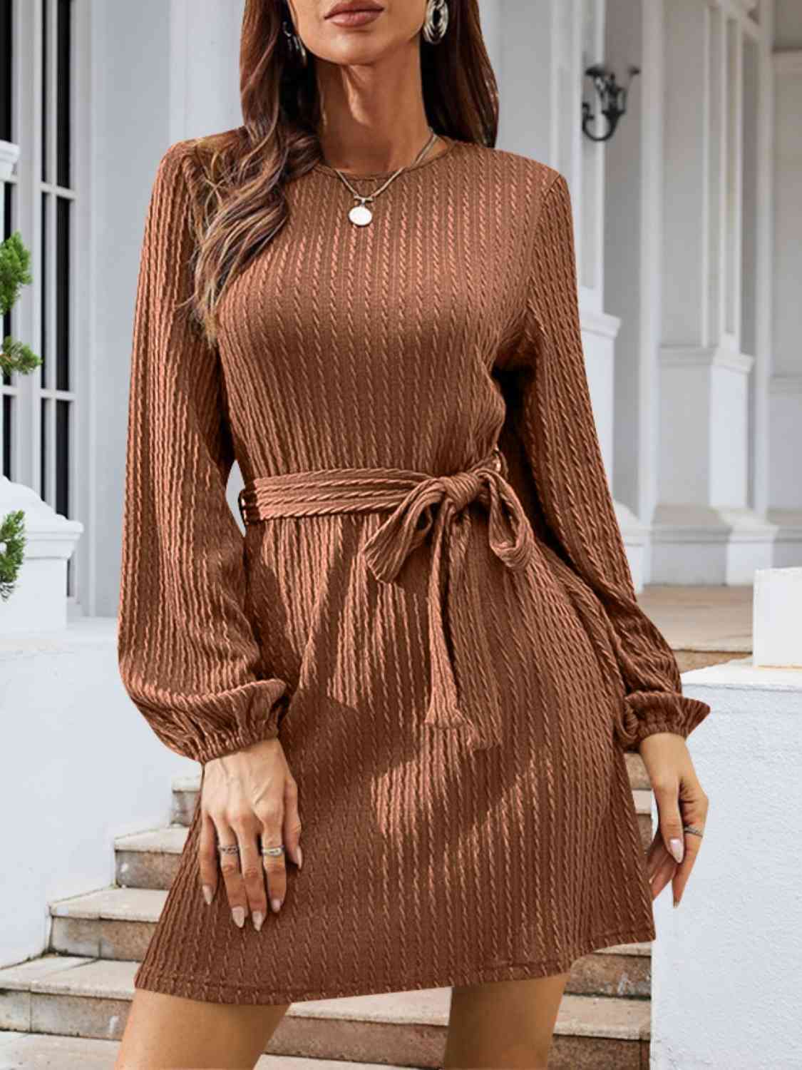 Round Neck Tie Front Long Sleeve Dress BLUE ZONE PLANET