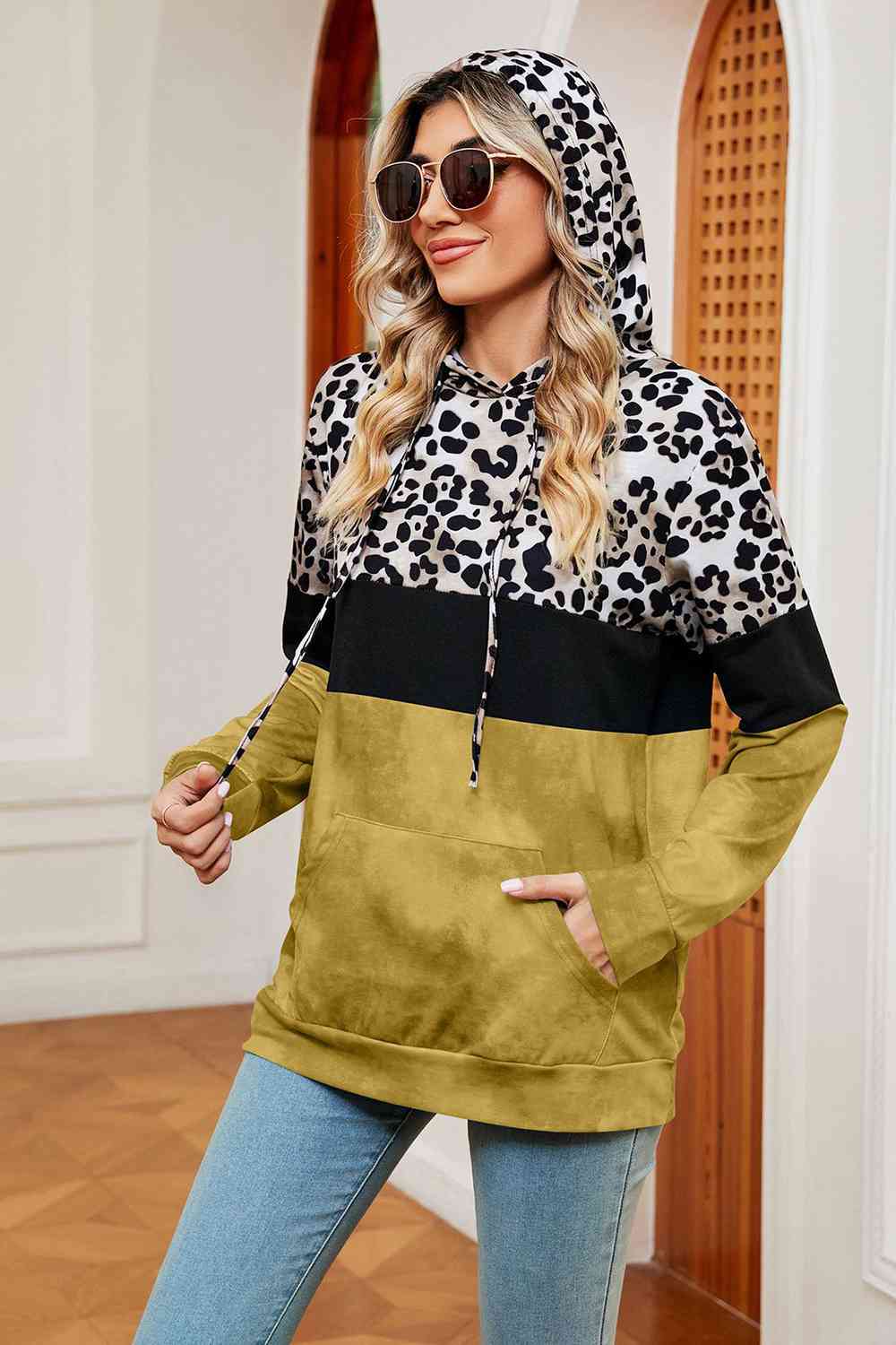 Leopard Drawstring Hoodie with Pocket BLUE ZONE PLANET