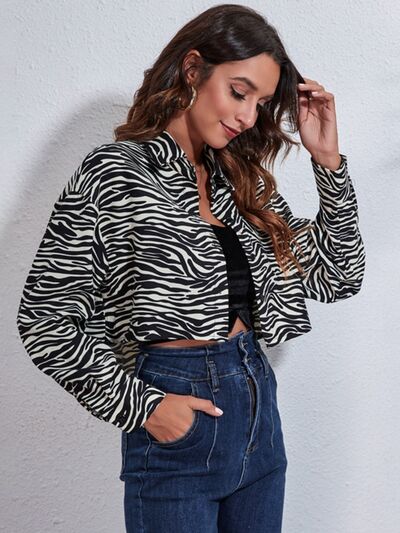 Blue Zone Planet |  Zebra Print Button Up Collared Neck Cropped Jacket BLUE ZONE PLANET