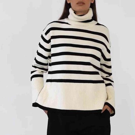 Striped Turtleneck Flare Sleeve Sweater BLUE ZONE PLANET