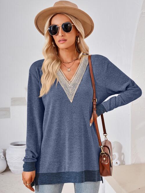 Crochet Contrast V-Neck Long Sleeve Slit T-Shirt BLUE ZONE PLANET