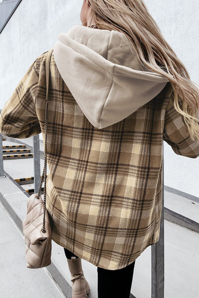Plaid Button Up Hooded Jacket with Pockets BLUE ZONE PLANET