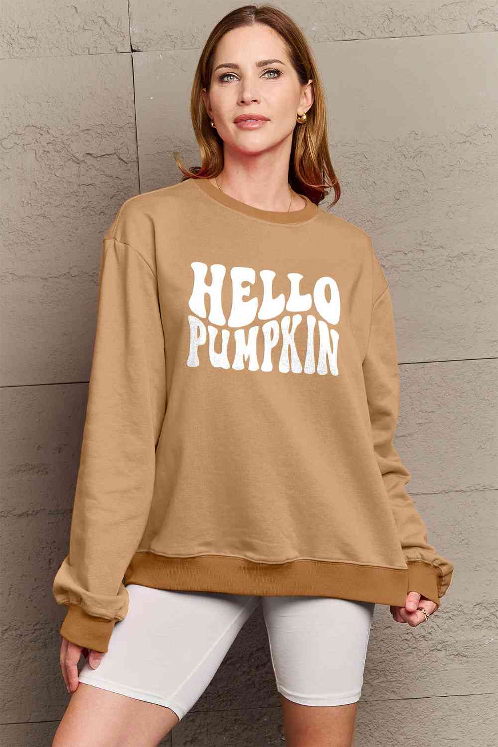 Simply Love Full Size HELLO PUMPKIN Graphic Sweatshirt BLUE ZONE PLANET