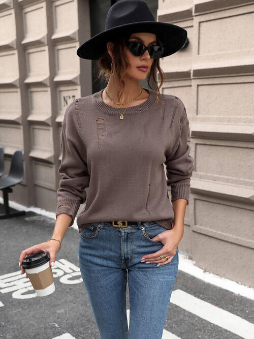 Cutout Round Neck Long Sleeve Sweater BLUE ZONE PLANET