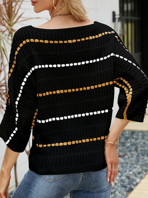 Eyelet Striped Round Neck Knit Top BLUE ZONE PLANET