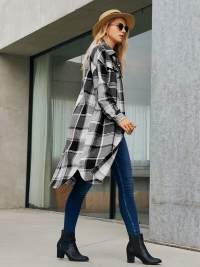 Blue Zone Planet |  Plaid Pocketed Button Up Trench Coat BLUE ZONE PLANET