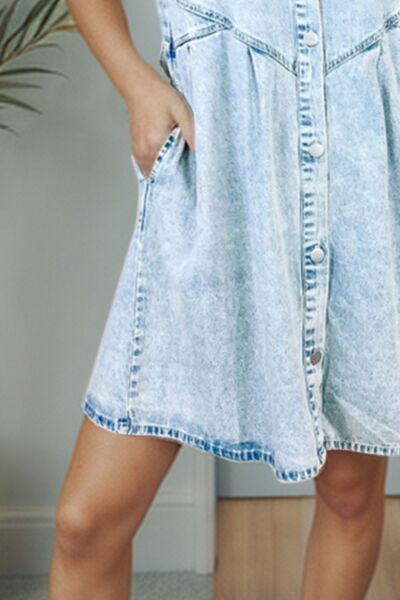 Blue Zone Planet |  Button Up Flounce Sleeve Denim Dress BLUE ZONE PLANET