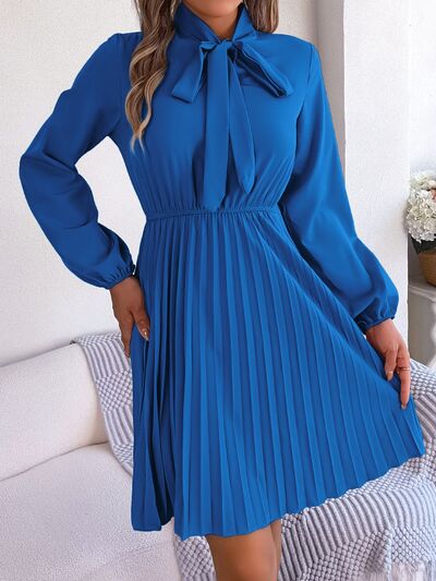 Tie Neck Balloon Sleeve Pleated Dress-TOPS / DRESSES-[Adult]-[Female]-Peacock Blue-S-2022 Online Blue Zone Planet